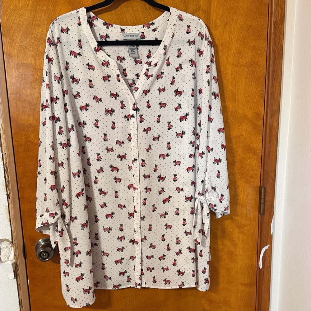 Catherine Malandrino White Button-Front Blouse with Red Floral Motif